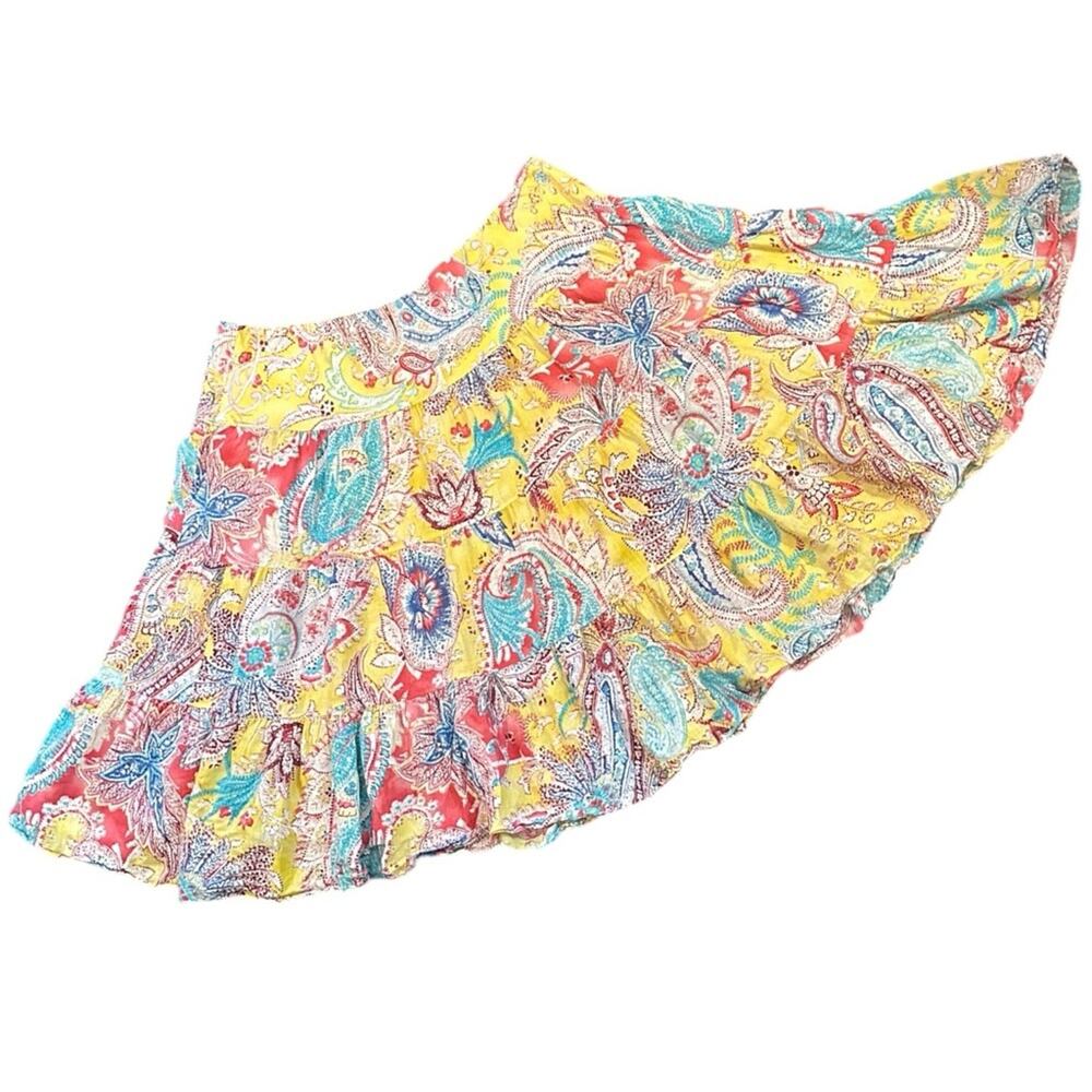 Ralph Lauren LRL Yellow Paisley Tiered 100% Linen Artful Skirt Plus Size 3X